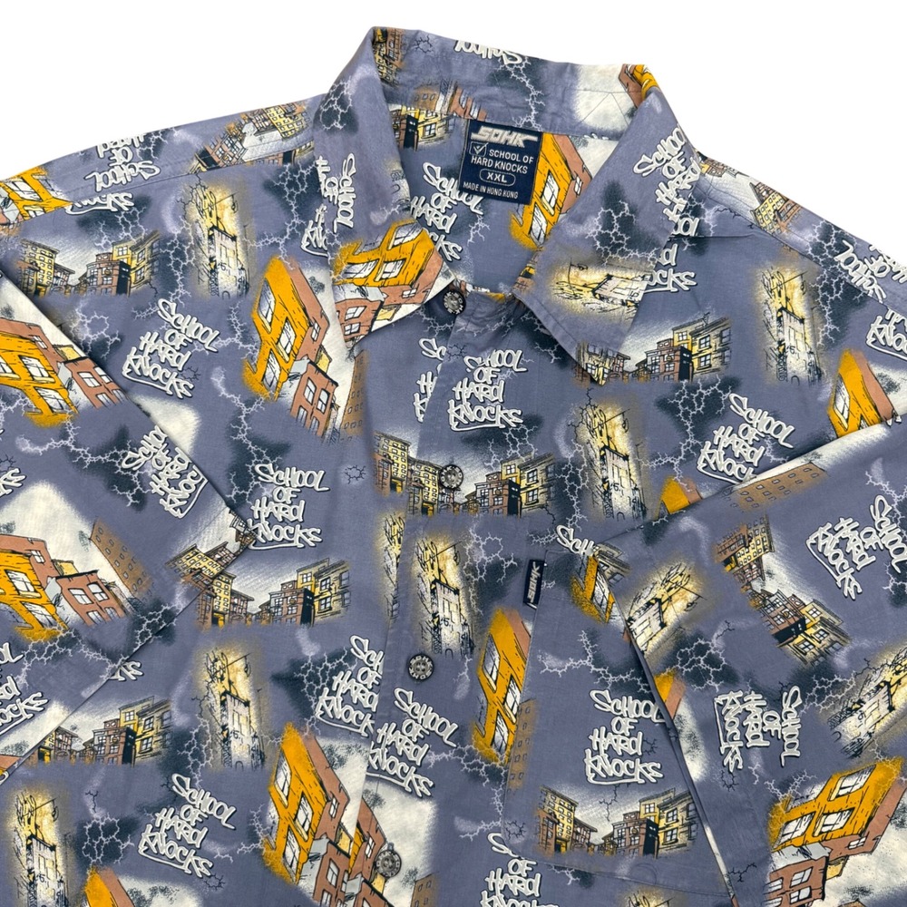 SOHK School of Hard Knocks Shirt Mens XXL Blue Vintage Y2K All Over Print Street